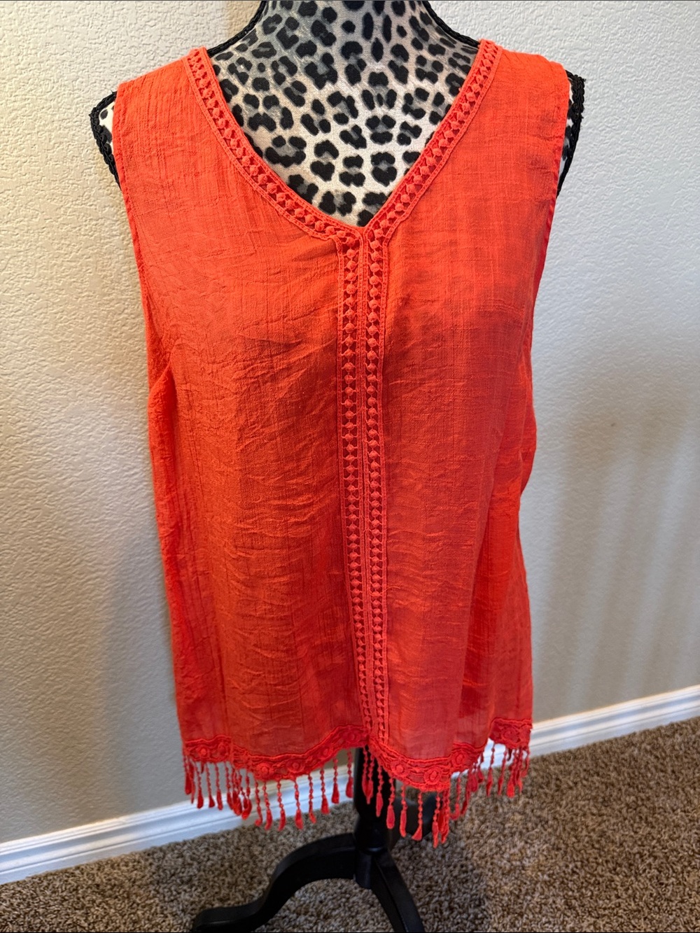 AB Studio Bright Orange Sleeveless V-Neck Tank with Crochet Trim